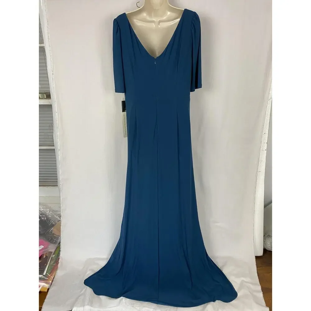 Adrianna Papell Dress Womens 12 Blue Ruched Puff Sleeve Hi Low Semi Formal Gown - Picture 5 of 13